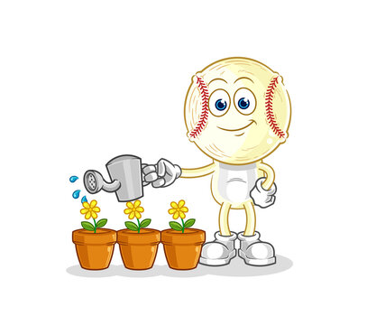 baseball head watering the flowers mascot. cartoon vector