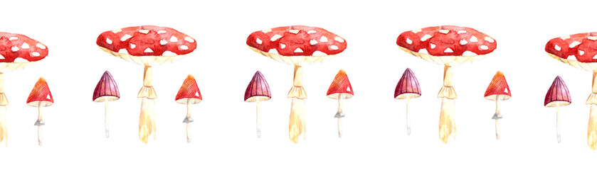Watercolor seamless border with bright fly agarics and small mushrooms on a white background