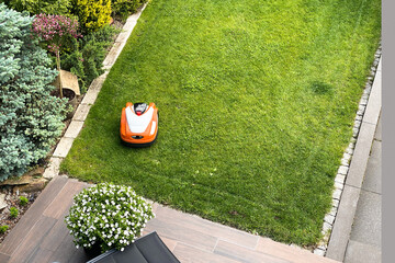 robotic lawn mower, automatic lawn mower, grass lawn mower - obrazy, fototapety, plakaty