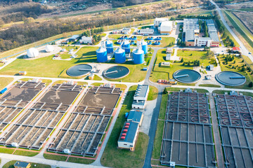 Aerial view of the water treatment plant. Purification of urban industrial waters