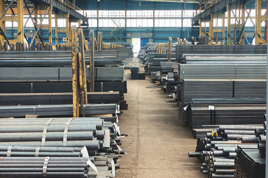 Rolled metal warehouse. large volumes of metal materials in the factory