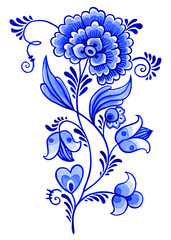Watercolor blue and white floral composition, fantasy flowers. Hand-painted illustration isolated on white background. Chinoiserie style motif. - 515057418