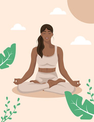 Obraz na płótnie Canvas Black slim woman sitting in yoga lotus pose, exercising in a beautiful environment