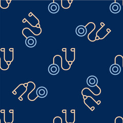 Line Stethoscope medical instrument icon isolated seamless pattern on blue background. Vector