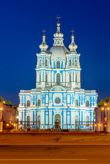 Fototapeta na wymiar Smolny cathedral at night in Saint Petersburg, Russia
