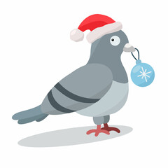 Cute color vector pigeon without black outline with a Christmas ball in its beak in Santa's hat. New year, Christmas, winter urban theme. Good for coloring books.