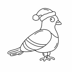 Cute vector black outline pigeon in Santa's hat. New year, Christmas, winter urban theme. Good for coloring books.