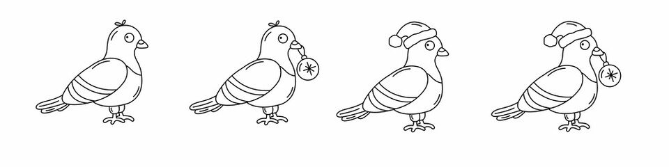 Set of isolated vector funny line pigeons, with a Christmas ball in its beak, in Santa's hat. New year, Christmas, winter urban theme. Good for coloring books.