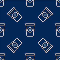 Line Coffee cup to go icon isolated seamless pattern on blue background. Vector