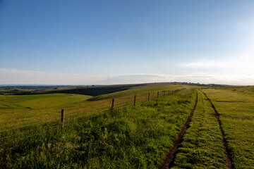 A pathway on Ditchling Beacon in Sussex, on a sunny summer's evening