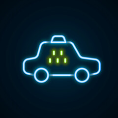 Fototapeta premium Glowing neon line Taxi car icon isolated on black background. Colorful outline concept. Vector