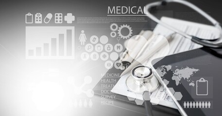 Healthcare business graph and data of Medical business growth and stethoscope of doctor on laptop, investment, financial and banking, Medical business report on global network.