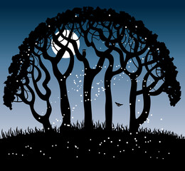 Fantasy Night Vector Landscape with Faerie Lights, Owls and Tree Silhouettes 