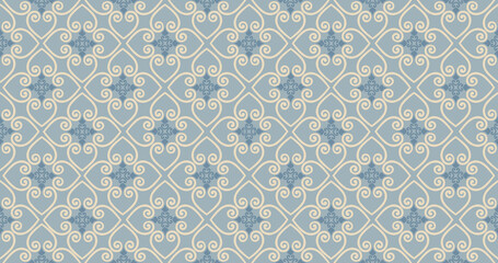 Abstract seamless pattern. Arabic line ornament with geometric shapes. Linear floral ornamental texture. Artistic backdrop in arab orient textile style.