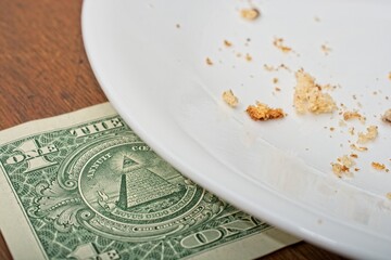 'Consumer staples inflation concept of US dollar bill under dinner plate'