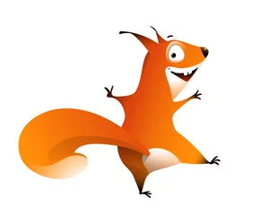 Fotobehang Funny Squirrel laughing and dancing clipart, cute crazy squirrel illustration for children. Funny adorable animal cartoon for kids. Isolated vector clipart. © Popmarleo