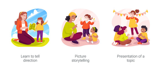 Obraz na płótnie Canvas Kids communication skills isolated cartoon vector illustration set