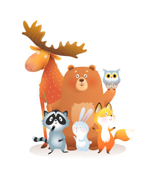 Forest animals cute colorful illustration for children. Bear, moose raccoon bunny and fox and owl, group of animals friends together. Isolated vector clipart.