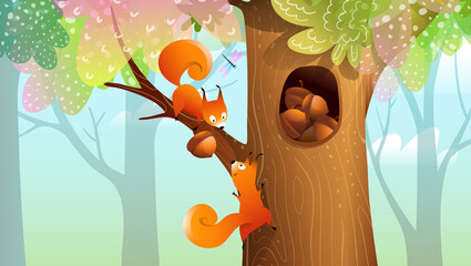 Squirrels stocking hazelnuts in a big hollow trunk of tree in forest, wallpaper illustration for children with green nature and wild woods. Vector animals background for kids. © Popmarleo