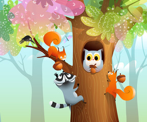 Squirrels owl and raccoon stocking hazelnuts in a big hollow tree trunk in forest, wallpaper illustration for children with green nature and wild woods. Vector animals background for kids. © Popmarleo