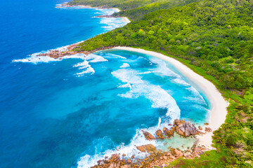 The tropical beach of Anse Cocos, then the beaches of Petit Anse and Grand Anse. La Digue,...