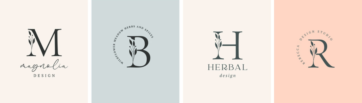 Collection of Botanical Minimalistic, Initial, Letter Feminine Logos with Organic Plant Elements