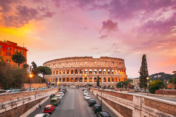 Rome, Italy. Colorful Sunset Dawn Sky Above Colosseum Also Known As Flavian Amphitheatre In Evening...