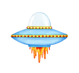 Space rocket watercolor. Traveling astronaut on a ship across the universe. UFO. Cute alien guest transport. Celestial flight. Hand drawn illustration isolated element on white background.