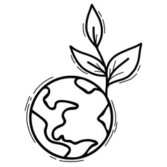 Ecology concept. Clean planet earth with sprout and leaves. Vector illustration. Linear hand drawn doodle isolated on white background for eco friendly design, decor and logo