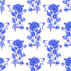 Watercolor blue and white floral seamless pattern. Traditional Chinoiserie motif with fantasy flowers, cobalt on white background. Wallpaper. Textile print. - 515061490