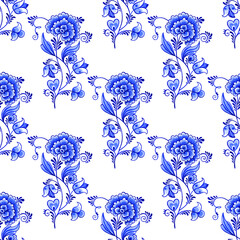 Watercolor blue and white seamless pattern. Traditional Chinoiserie floral motif with fantasy flowers, cobalt on white background. Wallpaper. Textile print. - 515061492