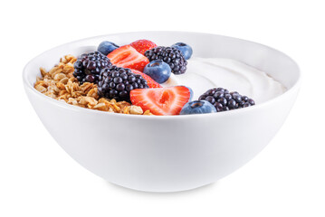 Fresh breakfast with greek yogurt nuts oatmeal granola with berries in a bowl on a white isolated background