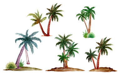 watercolor summer set of palm trees on the beach