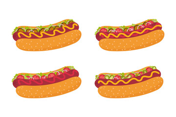 Vector illustration of different hot dogs. A quick-cooking set with tomatoes, onions, pepper, mustard and ketchup, salad. Cartoon style.