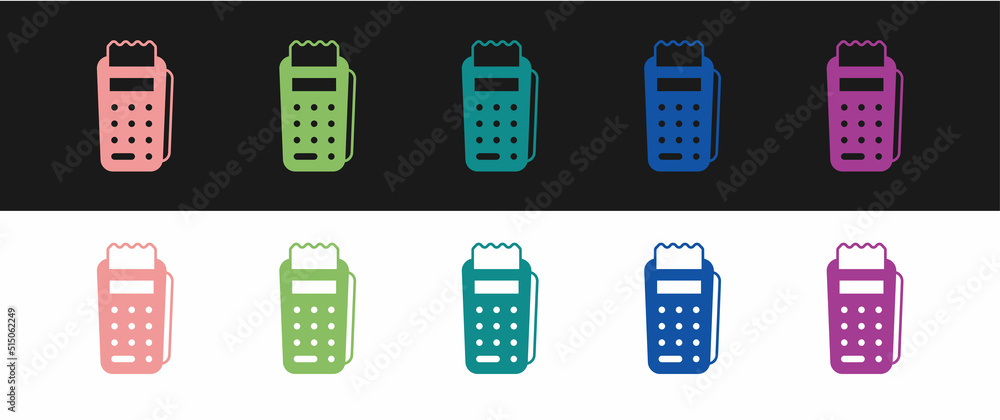 Poster set pos terminal with inserted credit card and printed reciept icon isolated on black and white back