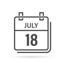 Calendar icon with shadow. July 18, Day, month. Flat vector illustration.