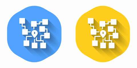 White Neural network icon isolated with long shadow background. Artificial intelligence AI. Circle button. Vector