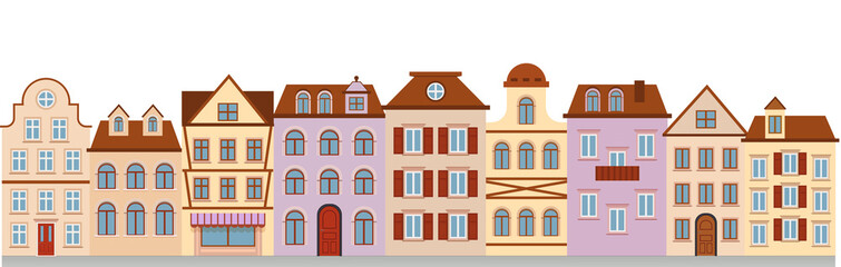 Naklejka premium Old street european small town with retro houses. Urban landscape. retro home cartoon.