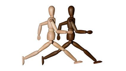 two wooden mannequins running race, isolated on white