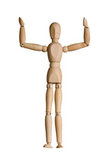 wooden man raised his hands up, isolated on white background