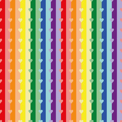 Playful abstract seamless vector pattern with little hearts on stripes in bright and pastel rainbow colours. Decorative geometric grid texture for fashion, prints and themed stationery.