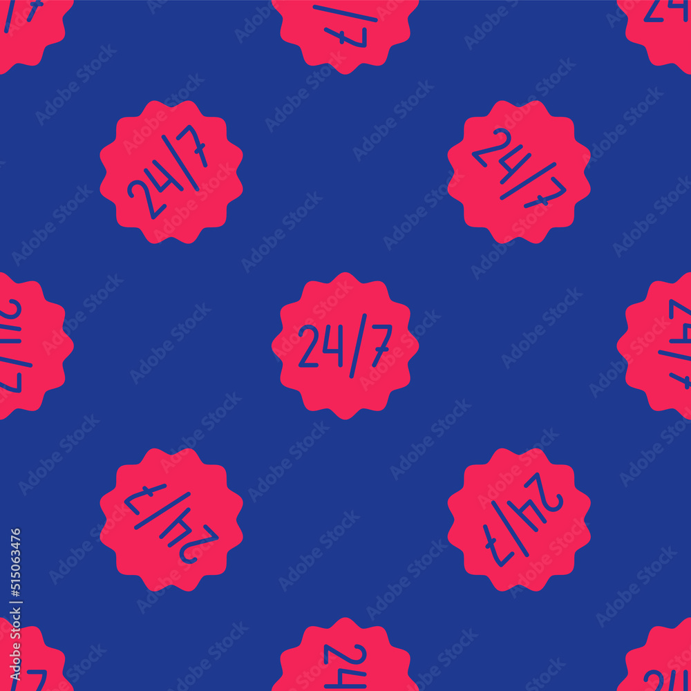 Poster red clock 24 hours icon isolated seamless pattern on blue background. all day cyclic icon. 24 hours 