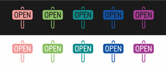 Set Hanging sign with text Open door icon isolated on black and white background. Vector