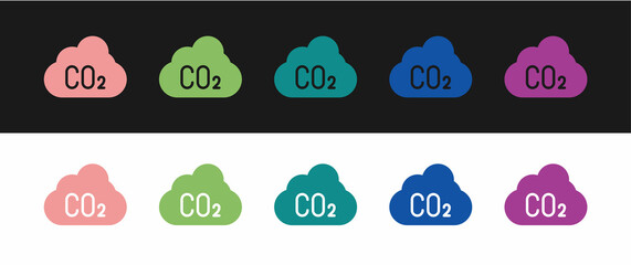 Set CO2 emissions in cloud icon isolated on black and white background. Carbon dioxide formula, smog pollution concept, environment concept. Vector