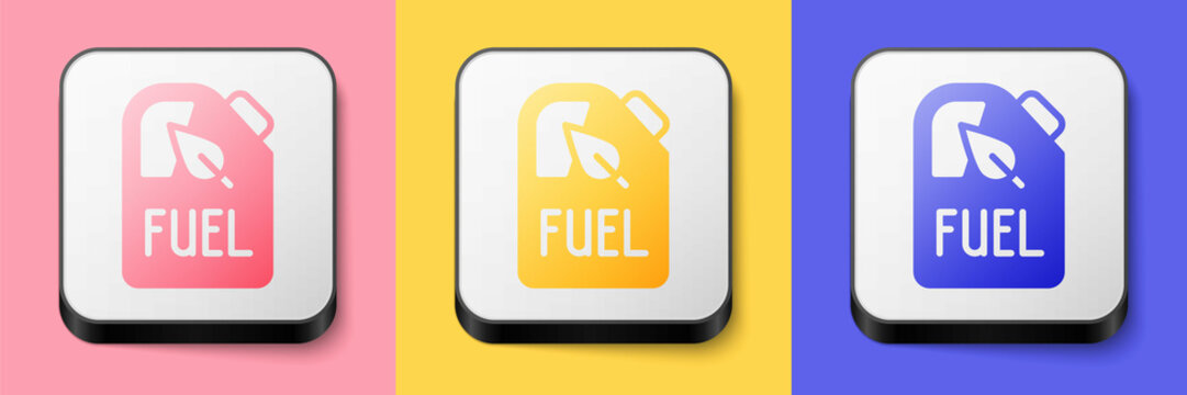 Isometric Bio fuel canister icon isolated on pink, yellow and blue background. Eco bio and barrel. Green environment and recycle. Square button. Vector