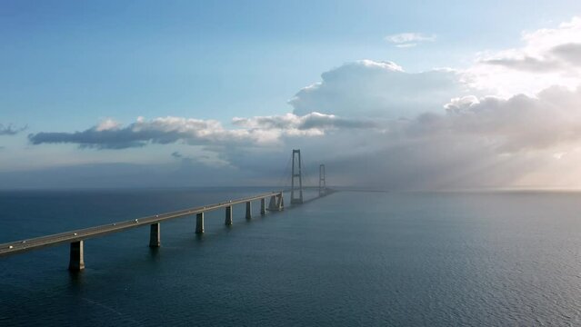 Aerial view on the famous Great Belt suspension bridge (&Oslash;stbroen) in Denmark, a multi-element fixed link crossing the Great Belt strait between the Danish islands of Zealand and Funen