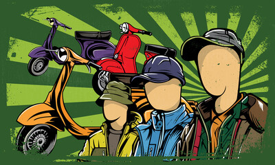 Vespa scooter community background. Classic Banner Templates. Cartoon grunge style, vintage. Scooter event banner. Vector illustration
