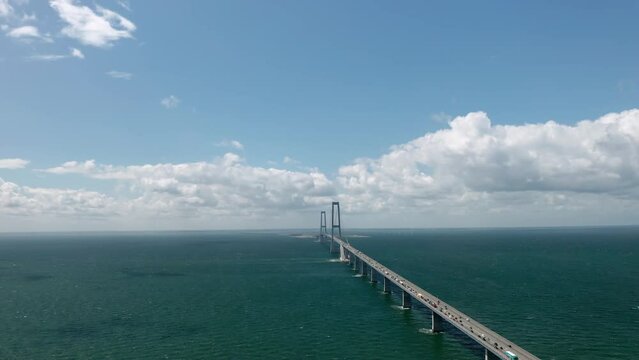 Aerial view on the famous Great Belt suspension bridge (&Oslash;stbroen) in Denmark, a multi-element fixed link crossing the Great Belt strait between the Danish islands of Zealand and Funen