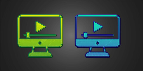 Green and blue Online play video icon isolated on black background. Film strip with play sign. Vector