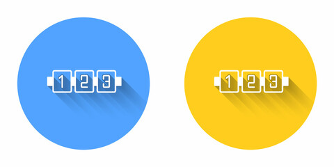 White Education logic game for preschool kids icon isolated with long shadow background. Kids activity sheet. Count the number of cubes. Circle button. Vector